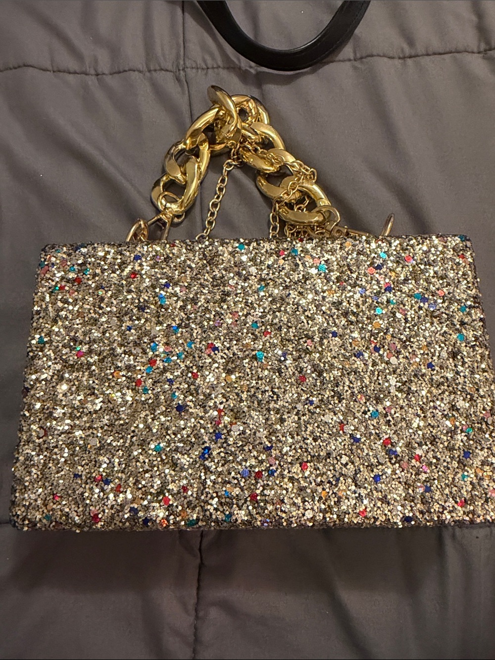 Gold Glitter Chain-Handle Evening Bag